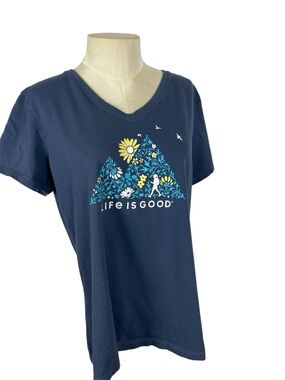 Life is Good crusher t-shirt size L hiking outdoors blue v neck